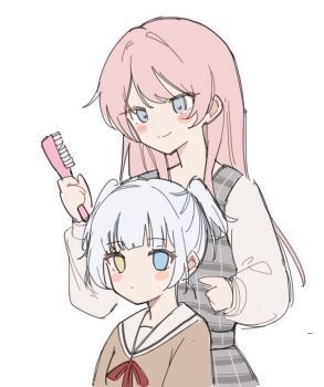 2girls bang_dream! bang_dream!_it's_mygo!!!!! blue_eyes blush chihaya_anon closed_mouth commentary_request dress grey_eyes grey_hair hair_brush hanasakigawa_school_uniform heterochromia holding holding_hair_brush kaname_raana long_hair long_sleeves multiple_girls pink_hair plaid_clothes plaid_dress pokoroo09637184 sailor_collar school_uniform shirt short_twintails simple_background twintails white_background white_sailor_collar white_shirt yellow_eyes