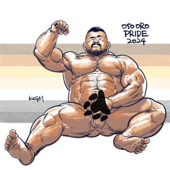 1boy bara bear_pride_flag beard_stubble biceps completely_nude erection facial_hair fat fat_man flexing highres large_pectorals lgbt_pride looking_at_viewer male_focus male_masturbation masturbation mature_male muscular muscular_male nude original osooro paw_print paw_print_pattern pectorals penis raitokagami solo sparse_chest_hair spread_legs strongman_waist stubble thick_eyebrows thick_thighs thighs undercut unfinished