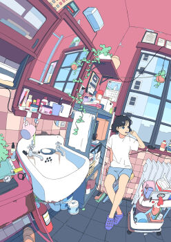 1girl akabane_1999 arm_support bar_soap bathroom black_hair blue_eyes blue_shoes blue_shorts brushing_teeth cart commentary_request crocs cup faucet fisheye flat_chest hand_up hanging_plant highres holding holding_toothbrush indoors jpeg_artifacts mirror morning mug on_stool original plant reflection shelf shirt shoes short_hair short_sleeves shorts sink sitting slice_of_life solo space_heater t-shirt tile_wall tiles toilet_paper toothbrush towel unworn_wristwatch vines watch white_shirt window wristwatch