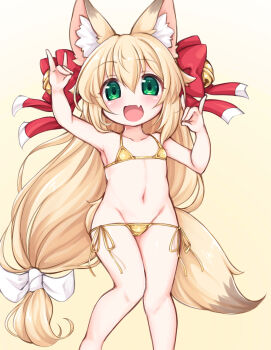 1girl absurdres animal_ear_fluff animal_ears bell bikini blonde_hair bow fang fox_ears fox_girl fox_shadow_puppet fox_tail green_eyes groin hair_bell hair_ornament highres jingle_bell kinomiki_nobori loli long_hair low-tied_long_hair micro_bikini navel open_mouth original side-tie_bikini_bottom smile solo swimsuit tail