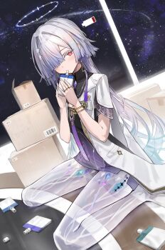 1girl absurdres battery_indicator colored_eyelashes commentary_request dress dutch_angle earrings grey_hair hair_ornament hair_over_one_eye halo hidulume highres holding id_card indoors jacket jewelry light_blush long_hair looking_at_viewer mornye_(wuthering_waves) purple_dress red_eyes see-through_body sitting sky solo space star_(sky) starry_sky tacet_mark_(wuthering_waves) triangle_earrings wariza white_jacket wuthering_waves