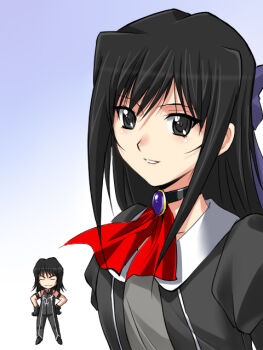 1boy 1girl armband black_armband black_bodysuit black_choker black_eyes black_gloves black_hair black_jacket blue_background blue_bow bodysuit bow brother_and_sister chibi choker chronica_(quiz_magic_academy) commentary_request gloves gradient_background grey_shirt hair_bow jacket judy_totoya juliet_sleeves laila_(quiz_magic_academy) long_hair long_sleeves medium_hair open_clothes open_jacket puffy_sleeves quiz_magic_academy red_scarf scarf shirt siblings sleeveless sleeveless_bodysuit upper_body