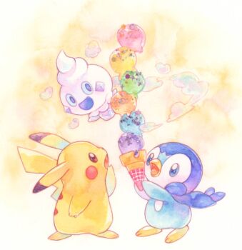 blue_eyes blue_sclera brown_eyes chaccalate colored_sclera commentary_request floating food gen_1_pokemon gen_4_pokemon gen_5_pokemon heart holding holding_food holding_ice_cream holding_ice_cream_cone ice_cream ice_cream_cone looking_at_food multiple_scoops nintendo no_humans open_mouth pikachu piplup pokemon pokemon_(creature) pokemon_focus smile standing steam too_many too_many_scoops vanillite