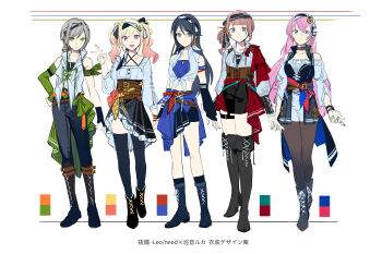 Rule 34 | anchor earrings, ankle boots, arm at side, arm belt, arms at sides, arms under breasts, asymmetrical sidelocks, bandana, bandana around arm, bandeau, bare shoulders, batsubyou (vocaloid), belt, black choker, black gloves, black hair, black pants, black shirt, black shorts, black skirt, black thighhighs, blonde hair, blue bandeau, blue belt, blue eyes, blue nails, blunt bangs, bokyo, boots, breasts, brown belt, brown corset, brown hair, brown pantyhose, choker, closed mouth, clothes around waist, collarbone, collared shirt, commentary request, copyright notice, corset, criss-cross halter, crossed arms, detached sleeves, earrings, fingerless gloves, frilled shirt, frills, gloves, gradient hair, green bandana, green eyes, green overskirt, green sleeves, grey eyes, grey hair, hair between eyes, hairband, half-skirt, halterneck, hand on own hip, head rest, headband, highres, hinomori shiho, hoshino ichika (project sekai), jewelry, knee boots, large breasts, leo/need (project sekai), leo/need luka, long hair, looking ahead, looking at viewer, looking up, medium breasts, megurine luka, midriff, mochizuki honami, multicolored hair, multiple belts, multiple girls, nail polish, navel, off-shoulder shirt, off shoulder, official art, open mouth, orange belt, overskirt, pants, pantyhose, pink eyes, pink hair, pirate costume, project sekai, purple eyes, shirt, short hair, shorts, side ponytail, sidelocks, simple background, single bare arm, single detached sleeve, single glove, skirt, sleeveless, sleeveless shirt, small breasts, smile, standing, sweater, swept bangs, tenma saki, thigh boots, thigh strap, thighhighs, tied shirt, twintails, underbust, v, vocaloid, white background, white shirt, white sweater