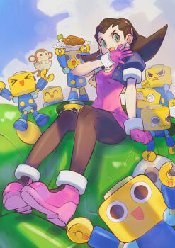 &gt;_&lt; 1girl :o alpaca_carlesi arm_support boots brown_hair brown_pantyhose coke-bottle_glasses data_(mega_man) earrings glasses gloves green_eyes hairband highres jewelry looking_at_viewer mega_man_(series) mega_man_legends_(series) ojou-sama_pose open_mouth pantyhose pink_boots pink_gloves robot round_eyewear servbot_(mega_man) short_sleeves sitting skull_earrings smile tron_bonne_(mega_man) wavy_mouth