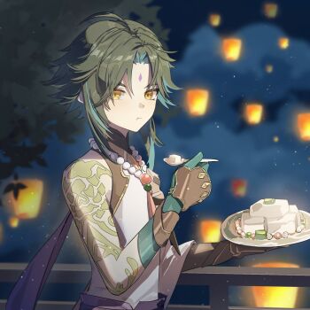 1boy :t almond_tofu_(genshin_impact) arm_tattoo bead_necklace beads black_hair blue_hair blurry blurry_background cloud commentary eating english_commentary facial_mark food forehead_mark genshin_impact gloves highres holding holding_spoon jewelry lantern looking_at_viewer male_focus multicolored_hair necklace night night_sky orange_eyes outdoors railing sky solo spoon tattoo upper_body xiao_(genshin_impact) yiyiyiyi670