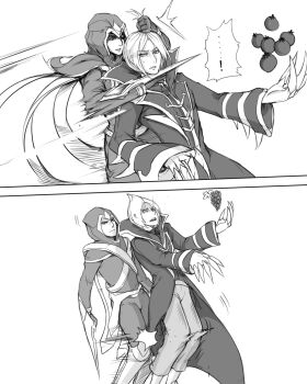 ! 1girl 2boys 2koma bad_id bad_pixiv_id blade claw_(weapon) comic food fruit gameplay_mechanics grabbing grapes greyscale highres hood kumiko_shiba league_of_legends monochrome multiple_boys scofa surprised talon_(league_of_legends) tomato vladimir_(league_of_legends) weapon what