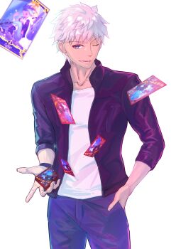 1boy ameiro_f archer_(fate) black_jacket blue_eyes collarbone cu_chulainn_(fate) fate/grand_order fate_(series) hand_in_pocket highres jacket looking_at_viewer male_focus one_eye_closed open_mouth setanta_(fate) shirt short_hair simple_background solo upper_body watch white_background white_hair white_shirt wristwatch