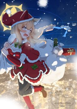 1boy 1girl absurdres animal_ear_fluff animal_ears black_pantyhose blue_archive blue_eyes blush bow box breasts brown_shoes capelet city cleavage commentary_request crying detached_sleeves doodle_sensei_(blue_archive) dress gift gift_box green_bow halo hat highres holding holding_sack kotoringo2525 long_hair mari_(blue_archive) orange_hair pantyhose pom_pom_(clothes) red_capelet red_dress sack santa_costume santa_hat sensei_(blue_archive) shoes snowing yellow_halo