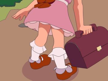 1girl animated animated_gif bag bow dress grass holding holding_bag leaning_forward loli lower_body mary_janes mother_(series) mother_2 mushroom nintendo panties paula_(mother_2) pink_dress ramblin&#039;_evil_mushroom red_bow red_shoes rommi running shoes socks standing underwear waist_bow white_panties white_socks wind wind_lift
