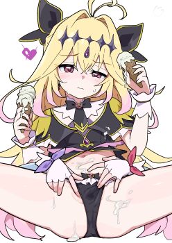 2girls absurdres antenna_hair black_panties blonde_hair blush character_request closed_mouth cure_arcana_shadow food food_on_body gloves gradient_hair hair_intakes highres holding holding_food holding_ice_cream holding_ice_cream_cone ice_cream ice_cream_cone ice_cream_on_body loli looking_at_viewer meitantei_precure! moria_luluka multicolored_hair multiple_girls navel ohgi910 panties pink_hair precure solo_focus spread_legs spread_pussy spread_pussy_under_clothes spreading_another's_pussy suggestive_fluid underwear white_gloves