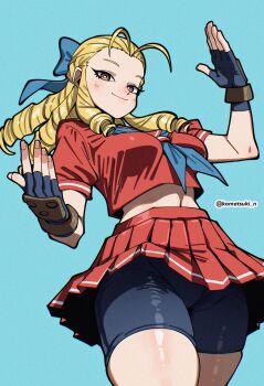 Rule 34 | 1girl, absurdres, antenna hair, aqua background, bike shorts, bike shorts under skirt, blonde hair, bow, breasts, brown eyes, closed mouth, crop top, fingerless gloves, forehead, gloves, highres, kanzuki karin, komatsuki n, looking at viewer, medium breasts, pleated skirt, sailor collar, school uniform, serafuku, shorts, shorts under skirt, simple background, skirt, smile, solo, street fighter, twitter username