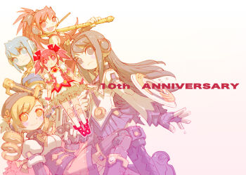 5girls akemi_homura akemi_homura_(magical_girl) android angry anniversary argyle_clothes argyle_legwear arm_shield armor beret black_hair blonde_hair blue_eyes blue_hair blush bow breasts cape copyright_name dress drill_hair fingerless_gloves food frilled_dress frills frown gloves gun hair_bow hair_ribbon hair_tie hairband hat holding holding_weapon joints kaname_madoka kaname_madoka_(magical_girl) long_hair looking_at_viewer magical_girl mahou_shoujo_madoka_magica mahou_shoujo_madoka_magica_(anime) mechanization medium_breasts miki_sayaka miki_sayaka_(magical_girl) multiple_girls nakayama_tooru pink_eyes pink_hair pocky polearm ponytail purple_bow purple_eyes red_bow red_eyes red_hair ribbon robot robot_ears robot_joints sakura_kyoko sakura_kyoko_(magical_girl) shield short_hair simple_background single_tooth sitting skirt small_breasts smile spear striped sword thighhighs tomoe_mami tomoe_mami_(magical_girl) twintails weapon white_background yellow_bow yellow_eyes