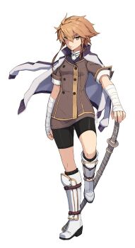 Rule 34 | 10s, 1girl, bandaid, bike shorts, boots, brown hair, female focus, full body, holding, holding sword, holding weapon, katana, official art, sheath, sheathed, shidou maki (toji no miko), shizuma yoshinori, short hair, short sleeves, solo, sword, toji no miko, weapon, white background, white boots, yellow eyes