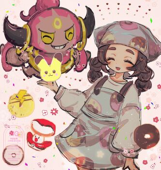 Rule 34 | 1girl, amoonguss, ansha (pokemon), apron, black hair, blush, character-themed food, closed eyes, colored sclera, commentary request, donut, flower, food, gen 1 pokemon, gen 5 pokemon, gen 6 pokemon, headscarf, highres, hoopa, hoopa (confined), horimhkw11, horns, legendary pokemon, long hair, long sleeves, mythical pokemon, nintendo, open mouth, pikachu, pokemon, pokemon (creature), pokemon legends: z-a, shirt, smile, teeth, white shirt, yellow sclera