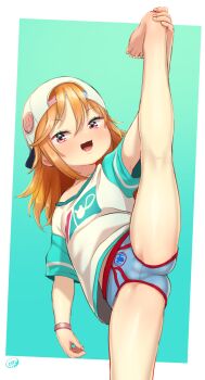 1girl absurdres animal_print backwards_hat badge bare_legs barefoot blue_briefs blue_male_underwear born-to-die bracelet briefs button_badge cameltoe collarbone feet female_focus foot_out_of_frame hair_between_eyes hand_on_foot hat highres idolmaster idolmaster_cinderella_girls idolmaster_cinderella_girls_u149 jewelry kneepits loli looking_at_viewer male_underwear marvel medium_hair open_mouth orange_hair pink_eyes print_briefs print_underwear raglan_sleeves shirt short_sleeves sidelocks smile solo spider-man_(series) spider_print split spread_legs standing standing_on_one_leg standing_split thighs toes tongue tongue_out underwear white_hat white_shirt yuuki_haru