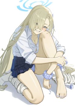 Rule 34 | 1girl, absurdres, asuna (blue archive), asymmetrical bangs, blonde hair, blue archive, blue bow, blue bowtie, blue eyes, blue hair, blue halo, blue nails, blue panties, blue scrunchie, blue skirt, blurry, blush, bow, bowtie, breast press, breasts, button gap, buttons, cameltoe, cleavage, clothes lift, collarbone, collared shirt, commentary, cosmetics, dated commentary, depth of field, eyes visible through hair, foot out of frame, grin, hair between eyes, hair over one eye, half-closed eyes, halo, hand on own arm, head on knee, head rest, high-waist skirt, highres, holding, holding bow (ornament), knee up, kumajin, large breasts, long hair, looking at viewer, loose socks, miniskirt, nail polish, nail polish bottle, nail polish brush, no shoes, panties, parted lips, pleated skirt, ribbed socks, school uniform, scrunchie, shadow, shirt, shirt tucked in, simple background, single bare foot, single bare leg, sitting, skirt, skirt lift, three-quarter sleeves, sleeves pushed up, smile, socks, solo, toenail polish, toenails, underwear, unworn bowtie, unworn socks, very long hair, white background, white shirt, white socks, wrist scrunchie