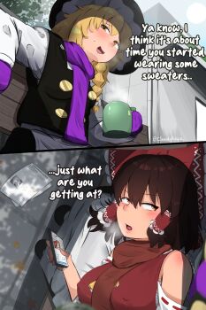 2girls absurdres apron bench black_eyes black_hat black_skirt black_vest blonde_hair bow braid breasts brown_hair cellphone chest_sarashi cloudykeyz commentary covered_erect_nipples english_text frilled_bow frilled_hair_tubes frilled_hat frills hair_bow hair_tubes hakurei_reimu hat highres holding holding_phone kirisame_marisa lap_pillow large_breasts long_hair mittens multiple_girls open_mouth paper phone purple_mittens purple_scarf red_bow saigyouji_yuyuko sarashi scarf shirt side_braid single_braid skirt skirt_set small_breasts smartphone symbol-only_commentary touhou vest waist_apron white_apron white_shirt winter yellow_eyes