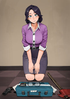 1girl axe black_hair breasts checkered_floor commentary_request fire_axe full_body glasses grey_eyes gun handgun highres korean_commentary large_breasts medium_hair medium_skirt miss_pauling no_eyewear pencil_skirt purple_shirt seiza shirt sitting skirt sleeves_rolled_up solo suitcase team_fortress_2 unworn_eyewear weapon yangmal_jelly