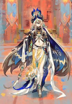 artist_self-insert bare_legs bare_shoulders belt black_gloves blonde_hair blurry blurry_background chinese_commentary choker commentary commission commissioner_insert crop_top detached_sleeves earrings english_commentary facial_tattoo feet genshin_impact gloves gradient_skin green_nails hair_between_eyes head_tilt headpiece highres horns jewelry leg_tattoo looking_at_viewer mixed-language_commentary multicolored_background multicolored_clothes multicolored_eyes muyingzi976 navel necklace orange_lips original partially_fingerless_gloves pointy_ears shade short_sleeves side_slit sidelocks skirt standing stomach tattoo thighs