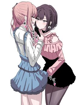 1boy 1girl absurdres akiyama_mizuki braid brown_eyes brown_hair chin_gero closed_mouth clothes_lift dress drill_hair frilled_dress frilled_skirt frills hetero highres holding holding_microphone implied_handjob karaoke long_hair microphone open_mouth pink_eyes pink_hair project_sekai shinonome_ena short_hair side_braid side_ponytail single_braid skirt skirt_lift tekoki_karaoke tied trap white_background