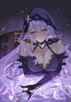 Rule 34 | 1girl, arm under breasts, bare shoulders, black swan (honkai: star rail), blush, breasts, cleavage, closed mouth, detached sleeves, dress, gloves, grey background, hair between eyes, half-closed eyes, halterneck, highres, honkai: star rail, honkai (series), large breasts, long hair, looking at viewer, multicolored eyes, nukoxx 02, purple dress, purple eyes, purple gloves, purple hair, purple veil, smile, solo, twitter username, two-tone eyes, veil, watermark, yellow eyes