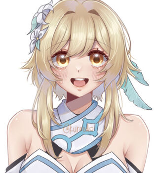 Rule 34 | 1girl, armpit crease, bare shoulders, blonde hair, blush, breasts, cleavage, commentary, double-parted bangs, dress, english commentary, flower, genshin impact, hair flower, hair ornament, kuraedo, looking at viewer, lumine (genshin impact), medium breasts, open mouth, short hair with long locks, simple background, smile, solo, upper body, white background, white dress, yellow eyes