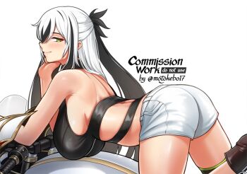 Rule 34 | 1girl, ass, bare shoulders, black hair, black sports bra, breasts, fate/grand order, fate (series), green eyes, hair between eyes, large breasts, long hair, looking at viewer, motokebo17, motor vehicle, motorcycle, multicolored hair, nagao kagetora (fate), short shorts, shorts, sidelocks, smile, solo, sports bra, thigh strap, thighs, two-tone hair, uesugi kenshin (second ascension) (fate), very long hair, white hair, white shorts