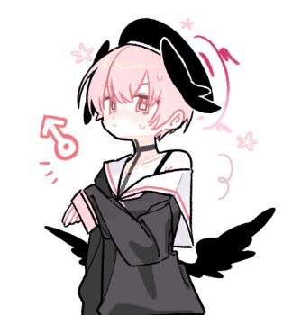 1boy beret black_choker black_hat black_shirt black_wings blue_archive blush choker closed_mouth cropped_torso feathered_wings genderswap genderswap_(ftm) halo hat head_wings koharu_(blue_archive) long_sleeves looking_at_viewer low_wings male_focus mars_symbol nagakiras2 neckerchief off_shoulder pink_eyes pink_hair pink_halo pink_neckerchief sailor_collar shirt short_hair simple_background sleeves_past_wrists solo sweat upper_body white_background white_sailor_collar wings