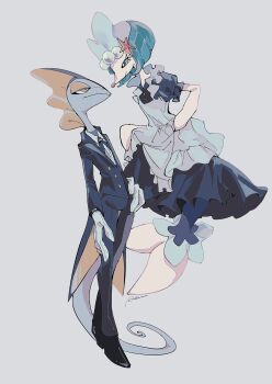 1girl 1other alternate_hairstyle apron bad_tag black_bow black_bowtie black_dress black_jacket black_pants black_shoes black_suit blue_eyes blue_hair blue_skin bob_cut bow bowtie bright_pupils butler closed_mouth clothed_pokemon collared_shirt colored_skin dress formal_clothes frilled_apron frills full_body furry furry_female gem gen_7_pokemon gen_8_pokemon gloves hair_ornament helmet highres inteleon jacket lizard_tail looking_at_another maid mermaid monster_girl nintendo pants pearl_(gemstone) pearl_hair_ornament pokemon pokemon_(creature) primarina puffy_short_sleeves puffy_sleeves rendoll sea_lion shirt shoes short_hair short_sleeves simple_background smile snout standing starfish_hair_ornament suit tail white_apron white_gloves white_pupils white_shirt yellow_eyes