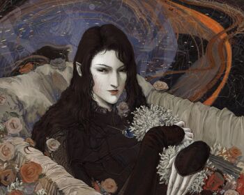 Rule 34 | 1boy, bouquet, brown hair, commentary, d (vampire hunter d), english commentary, flower, highres, holding, holding bouquet, long hair, pale skin, parted lips, pointy ears, rose, solo, swampybog, vampire hunter d, white flower