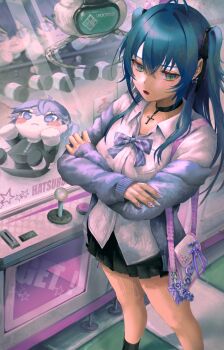 Rule 34 | 1girl, absurdres, antenna hair, arcade, averting eyes, bag, black choker, black ribbon, black skirt, black socks, blue hair, blush, bow, bowtie, cardigan, character doll, checkered floor, choker, collared shirt, commentary request, crane game, cross, cross choker, cross pendant, crossed arms, diagonal-striped bow, diagonal-striped bowtie, diagonal-striped clothes, doll, double-parted bangs, dress shirt, gakuen idolmaster, green eyes, hair ribbon, handbag, hataya misuzu, highres, idolmaster, latin cross, long hair, long sidelocks, long sleeves, miniskirt, nail polish, off shoulder, pleated skirt, purple bow, purple bowtie, purple cardigan, ribbon, school uniform, shikuwata, shirt, sidelocks, skirt, socks, solo, striped bow, striped bowtie, striped clothes, tsukimura temari, two side up, white shirt
