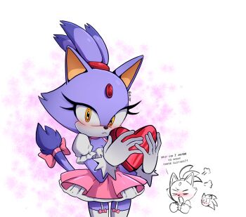 1boy 1girl absurdres animal_ears blaze_the_cat blush bow box cat_ears cat_girl cat_tail commentary doodle_inset dress english_commentary english_text eyelashes forehead_jewel furry furry_female gloves heart-shaped_box highres holding holding_box multiple_views pink_bow pink_dress puffy_short_sleeves puffy_sleeves purple_fur purple_hair short_sleeves solo_focus sonic_(series) sonic_the_hedgehog tail tail_bow tail_ornament twitter_username white_gloves xao yellow_eyes