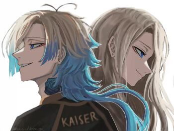 1boy 1girl artist_request blue_eyes blue_lock gradient_hair love_alicia multicolored_hair simple_background smile source_request two-tone_hair upper_body white_background white_hair