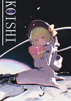 Rule 34 | 1girl, absurdres, bouquet, bow, character name, closed mouth, commentary, flower, from side, full body, green eyes, green hair, helmet, highres, holding, holding bouquet, komeiji koishi, llona, looking at viewer, moon, rose, seiza, sitting, smile, solo, space, space helmet, spacesuit, touhou, turning head, yellow bow