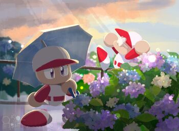 2boys baseball_cap baseball_uniform flower glasses hat holding holding_umbrella hydrangea jikkyou_powerful_pro_yakyuu jikkyou_powerful_pro_yakyuu_(style) megu_ponta multicolored_shirt multicolored_shoes multiple_boys no_mouth power_pro_kun purple_eyes rayman_limbs red_shirt red_shoes shirt shoes signature sportswear two-tone_shirt two-tone_shoes umbrella white_shirt white_shoes yabe_akio