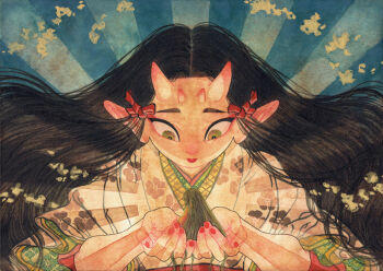 2girls artist_name black_hair eyeshadow furisode_sleeves giant giantess glowing hagatake_kili horns japanese_clothes kimono layered_kimono lipstick looking_down makeup mini_person minigirl multiple_girls nihongami original painting_(medium) parody red_nails scenery_print style_parody sunburst surreal traditional_media watercolor_(medium) what