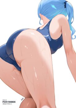 1girl absurdres alternate_costume ass bent_over blue_hair blue_one-piece_swimsuit breasts commentary diptip english_commentary facing_away from_behind from_below hair_ornament hair_scrunchie highres hololive hoshimachi_suisei one-piece_swimsuit paid_reward_available partially_visible_vulva school_swimsuit scrunchie side_ponytail sidelocks simple_background small_breasts solo swimsuit virtual_youtuber wet white_background