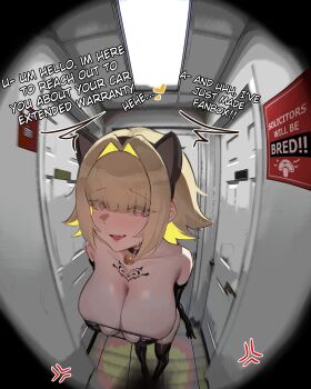 1girl absurdres bikini black_bikini blonde_hair breast_tattoo breasts collarbone commentary demon_girl elegg_(nikke) english_text full_body goddess_of_victory:_nikke hair_over_eyes highres large_breasts ohwl pov_peephole short_hair solo standing swimsuit tattoo