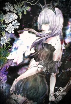 1girl arm_belt belt black_belt black_shorts black_sleeves black_tiara blunt_bangs commentary_request copyright_name detached_sleeves doll_joints final_fantasy final_fantasy_xiv floating_hair flower galatea_magna garter_straps gradient_hair joints long_hair multicolored_hair puffy_short_sleeves puffy_shorts puffy_sleeves purple_hair ruka_(blueplus84) short_sleeves shorts solo tiara twitter_username two-tone_hair white_flower white_hair yellow_eyes