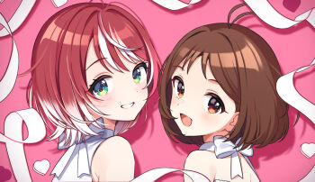 Rule 34 | 2girls, brown eyes, brown hair, drop shadow, green eyes, grin, hidaka ai, highres, idolmaster, idolmaster dearly stars, idolmaster va-liv, looking at viewer, looking back, multicolored hair, multiple girls, open mouth, pink background, portrait, red hair, ribbon, shigure ui, short hair, sleeveless, smile, streaked hair, tomori manaka, virtual youtuber, white streaks