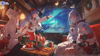 4girls absurdres apple aurora azur_lane bald_eagle beanie bird black_gloves blue_eyes box christmas christmas_ornaments christmas_present commentary eagle english_commentary enterprise_(azur_lane) enterprise_(reindeer_master)_(azur_lane) essex_(azur_lane) food fruit gift gift_box gloves grapes hair_ornament hammann_(azur_lane) hammann_ii_(azur_lane) hat highres house ice konya_karasue multiple_girls official_art pointing santa_hat smile snow watermark white_gloves white_hair yorktown_(azur_lane) yorktown_ii_(azur_lane)
