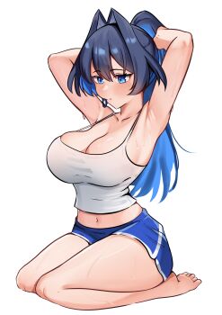1girl absurdres armpits barefoot black_hair blue_hair blue_shorts breasts cleavage colored_inner_hair hair_intakes hair_tie_in_mouth highres hololive hololive_english kneeling large_breasts mouth_hold multicolored_hair navel ouro_kronii panpanmc4 short_shorts shorts solo strap_gap tank_top tying_hair virtual_youtuber white_background white_tank_top