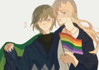 2girls bang_dream! bang_dream!_it's_mygo!!!!! black_jacket blue_sweater chihaya_anon commentary english_commentary fang grey_eyes grey_hair jacket jewelry lgbt_pride long_hair looking_at_viewer manphao_o multiple_girls necklace open_mouth pink_eyes pink_hair rainbow_flag shirt short_hair smile sweater takamatsu_tomori upper_body white_shirt