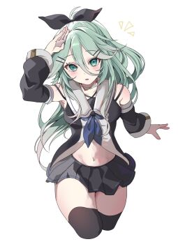 Rule 34 | 1girl, black ribbon, black serafuku, black thighhighs, blue neckerchief, commentary request, cowboy shot, cropped legs, detached sleeves, green eyes, green hair, hair between eyes, hair flaps, hair ribbon, highres, kantai collection, long hair, looking at viewer, navel, neckerchief, onyo., parted bangs, ponytail, ribbon, school uniform, serafuku, simple background, solo, thighhighs, white background, yamakaze (kancolle)
