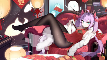Rule 34 | 1girl, absurdres, ahoge, aqua eyes, bare shoulders, black pantyhose, bottle, breasts, china dress, chinese clothes, chinese commentary, chinese knot, chinese new year, closed mouth, commentary request, couch, dao fu, dress, envelope, feather boa, folded fan, folding fan, food, fruit, good fortune symbol, green eyes, hair ribbon, hand fan, highres, holding, holding envelope, holding fan, holographic interface, hongbao, indoors, lantern, long hair, looking at viewer, lying, no shoes, official alternate costume, on back, orange (fruit), original, pantyhose, purple hair, red dress, red ribbon, ribbon, sacabambaspis, sleeveless, sleeveless dress, small breasts, smile, snake, solo, table, twintails, very long hair, white snake, wulala (vtuber)