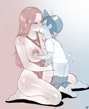 1boy 1girl age_difference ass barefoot blue_background blush born-to-die breasts cum cum_on_body dipper_pines ejaculation grabbing_another's_breast gravity_falls groping handjob hetero highres kiss kneeling large_breasts long_hair monochrome onee-shota pink_background saliva short_hair shota sitting soles sweat thighs toes two-tone_background uncensored wendy_corduroy whistle whistle_around_neck