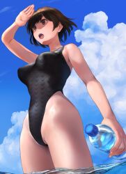 Rule 34 | 1girl, arm up, black one-piece swimsuit, blue sky, bottle, breasts, brown hair, cloud, commentary request, highleg, highleg swimsuit, hiryuu (kancolle), holding, holding bottle, kantai collection, looking ahead, medium breasts, ocean, one-piece swimsuit, open mouth, outdoors, partially shaded face, shading eyes, short hair, sky, solo, swimsuit, wa (genryusui), wading, water bottle