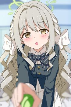 1girl :o absurdres blue_archive blurry blurry_background blush bow bowtie braid brown_eyes brown_hair candy collared_shirt commentary cowboy_shot depth_of_field diagonal-striped_bow diagonal-striped_bowtie diagonal-striped_clothes food green_halo green_jacket grey_skirt hair_bow hair_intakes hair_ribbon halo highres holding holding_candy holding_food incoming_food indoors jacket leaning_forward long_hair long_sleeves looking_at_viewer miyo_(blue_archive) nana01_art open_mouth plaid_clothes plaid_skirt ribbon ribbon_braid shirt side_braids sidelocks skirt solo straight-on striped_bow striped_bowtie striped_clothes tareme very_long_hair wavy_hair white_bow white_ribbon white_shirt