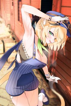 1girl absurdres animal_ears armpits blonde_hair blue_overalls blush breasts cleavage dooby dooby_(1st_costume) freight_train gloves goggles goggles_on_head green_eyes gurumie hat highres indie_virtual_youtuber large_breasts looking_at_viewer mole mole_on_thigh mouse_ears mouse_girl mouse_tail overalls short_eyebrows short_hair solo strapless sweat tail thick_eyebrows train tube_top virtual_youtuber white_gloves